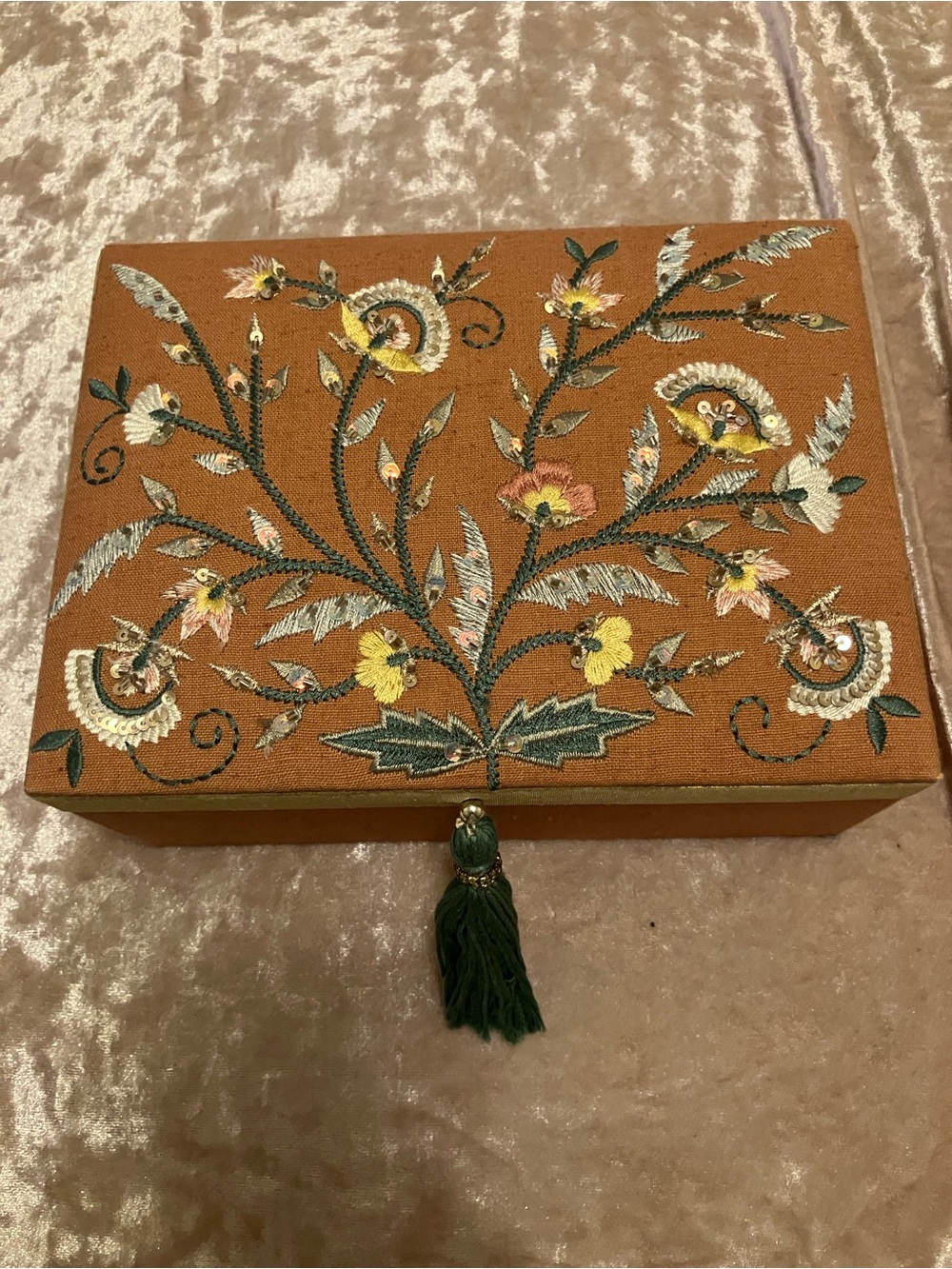 Embroidered boho Floral Jewelry Box in Burnt Orange with Green Tassel
